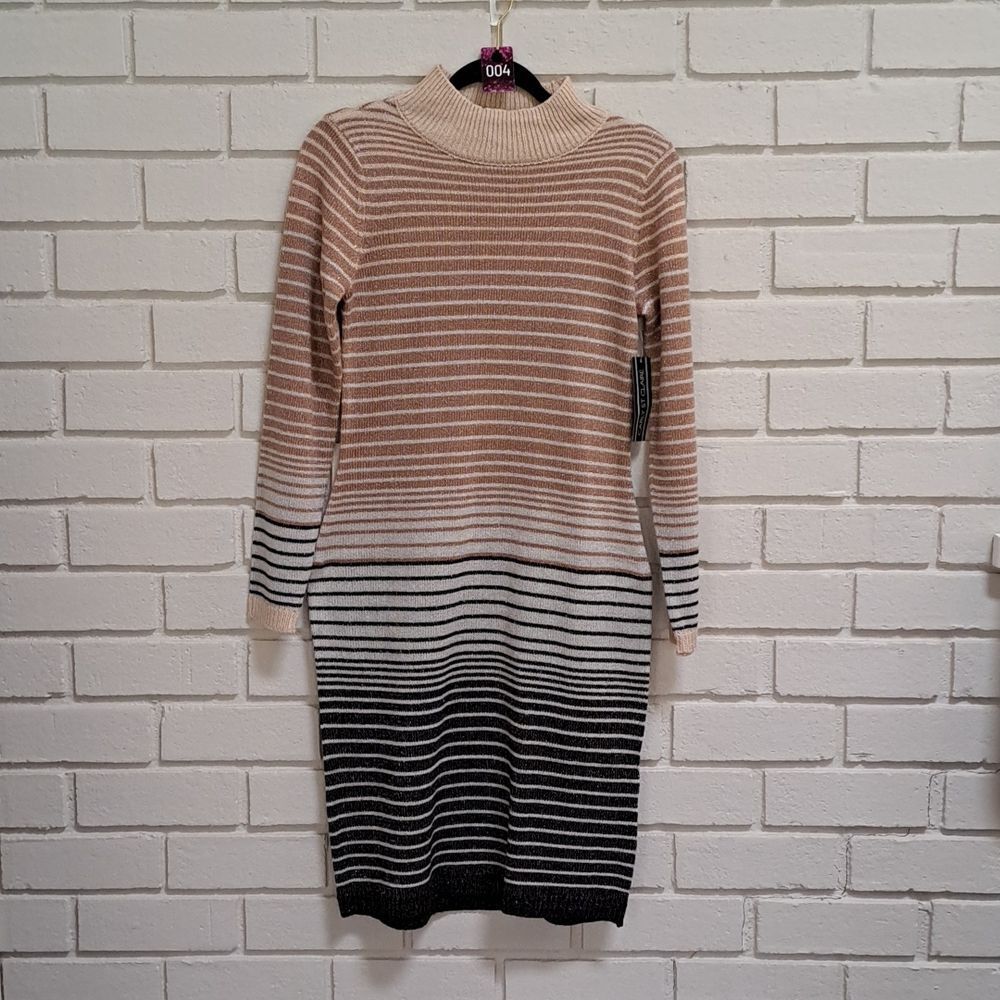 Carly St. Claire Striped Gold Metalic Detail Mock Neck Dress. Size Small NWT